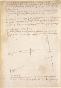 Arundel 263, f.214 機械的な力と力、パーカッション、重力、運動、光学、天文学に関するドローイングと、さまざまな算術的および幾何学的な命題 (紙にペンとインク) 作： Leonardo da Vinci