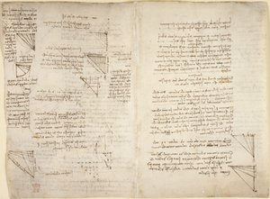 Arundel 263, f.217v, f.216 「Codex Arundel」のメモと図 (紙にペンとインク) 作： Leonardo da Vinci
