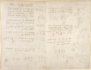 アランデル 263、f.220v、f.221、メモ; 「Codex Arundel」からの数学的計算 (紙にペンとインク) 作： Leonardo da Vinci