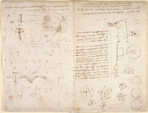 Arundel 263, f.221v, f.220 「Codex Arundel」のメモ、図表、スケッチ (紙にペンとインク)