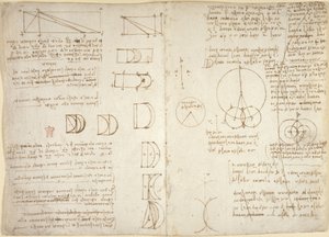 Arundel 263、f.222v、f.219、機械的な力と力、打楽器、重力、運動、光学、天文学に関するドローイングと、さまざまな算術的および幾何学的な命題 (紙にペンとインク) 作： Leonardo da Vinci