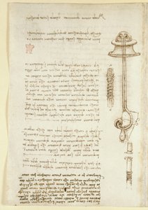 アランデル 263、f.24v 「Codex Arundel」からのレオナルドのダイバーの呼吸装置の研究 (1508 年) を示すメモとスケッチ (紙にペンとインク) 作： Leonardo da Vinci