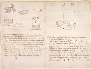 Arundel 263, f.259v, f.260 火薬を準備するための硝石の製造過程に関するメモと大雑把なスケッチ (レオナルドの手にはない) (紙にペンとインク)