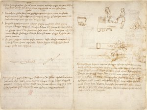 Arundel 263, f.260v さまざまな種類の接着剤を準備する 5 つの方法と、鉄を焼きなますプロセス、および「Codex Arundel」からの大雑把なスケッチ (レオナルドの手によるものではない) (紙にペンとインク)