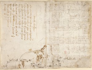 Arundel 263, f.263v, f.270 ロモランタン市からの「オルレアンへの道」の旅程を説明するメモとスケッチ (Francesco Melzi 作) (横から)、「Codex Arundel」から (紙にペンとインク) ) 作： Leonardo da Vinci