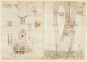 Arundel 263, f.264v 機械的な力と力、パーカッション、重力、運動、光学、天文学を、さまざまな算術的および幾何学的命題とともに利用しています。 作： Leonardo da Vinci