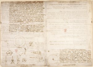 Arundel 263、f.266v、f.267 宇宙論に関する注記 (上下逆)。 重心に関するレオナルドの観察を示す図、「コーデックス アランデル」、1506～8 年頃（紙にペンとインク） 作： Leonardo da Vinci