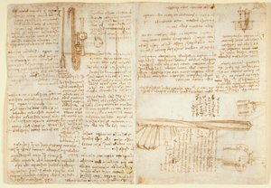 Arundel 263 f.269v, f.264 「Codex Arundel」の油圧装置に関するメモとスケッチ (紙にペンとインク) 作： Leonardo da Vinci