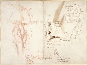 Arundel 263, f.275v, f.274 アルノ川の平面スケッチ。 距離と方向に関する注意事項 作： Leonardo da Vinci