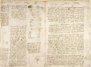 Arundel 263、f.279v f.280、メモ、「prespectiva」というタイトルの数学計算と図、「コースティック」ピラミッド、力学（アルキメデスを参照）、天文学と力学、c.1515（紙にペンとインク） 作： Leonardo da Vinci