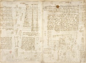Arundel 263、f.280v、f.279 「コデックス アランデル」の「コースティック」ピラミッドに関する「presspectiva」というタイトルの注記、図表、および数学計算 作： Leonardo da Vinci