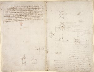 Arundel 263, f.35v, f.34 機械的な力と力、打楽器、重力、運動、光学、天文学に関するさまざまな算術的および幾何学的命題を含む図。 作： Leonardo da Vinci
