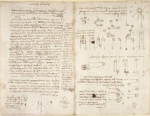 Arundel 263、f.43v、f.42、「Codex Arundel」の「Del mobile essu motore」と題された力学に関するメモと図 (紙にペンとインク)