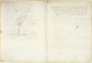 Arundel 263 f.45v、f.58 「Codex Arundel」からの Alhazen の問題に関する説明付きの光学系の図 (紙にペンとインク) 作： Leonardo da Vinci