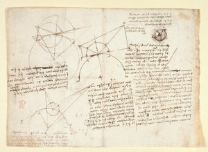 Arundel 263, f.64v 1 枚の大きな葉の裏面。以前は右端に沿って綴じられ、ノートに折り畳まれていました。 Alhazenの問題に関する、光学に関するメモと図。 Lに関するメモを伴う眼球の模式図 作： Leonardo da Vinci