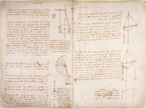 Arundel 263、f.67v、f.66 「Codex Arundel」からの力学に関するメモと図、c.1503-5 (紙にペンとインク)