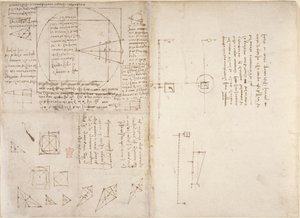 Arundel 263、f.72v、f.69 「Codex Arundel」からの力学と重心に関するメモと図、c.1503-5 (紙にペンとインク) 作： Leonardo da Vinci