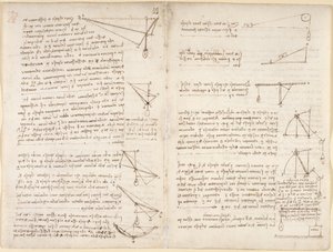 Arundel 263、f.7v、f.8 力学に関するメモと図 作： Leonardo da Vinci