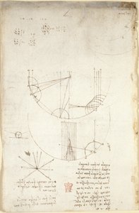 Arundel 263、f.85v 反射のコースティクスに関する光学系の図。 パーカッションの力に関して、またアリストテレスの原則「オグニ・アティオン・ファクト・ダッラ・ナチュラ・エ・ファクタ・ネル・ピウ・ブリーブ・モード」への言及とともに、力学に関するメモとスケッチ、