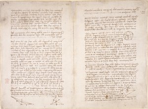 Arundel 263, ff.16v-17, Leonardo da Vinci のメモと「Codex Arundel」の図 (紙にペンとインク) 作： Leonardo da Vinci