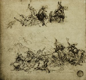 バトルシーン;レオナルド・ダ・ヴィンチの絵。ギャラリーデルアカデミア、ヴェネツィア 作： Leonardo da Vinci