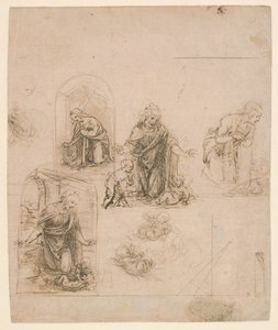 キリストの子供を崇拝する聖母の構成スケッチ、1480-85（シルバーポイント） 作： Leonardo da Vinci