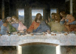 左にユダ、ペテロ、ヨハネ、中央にキリスト、トマス、少佐ヤコブ、フィリッポの各使徒を表した「Il Cenacolo（Ultima Cena）」のディテール。ヨハネとキリストの間にある「V」の文字は、「聖杯」または「Th」の杯を意味している。 作： Leonardo da Vinci