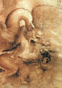描画からのドラゴンの詳細紙とウォッシュでドラゴンとライオンの茶色のインクの戦い