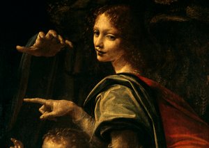 岩を持つ聖母、指を差す洗礼者聖ヨハネ、聖母マリアの手のディテール 作： Leonardo da Vinci