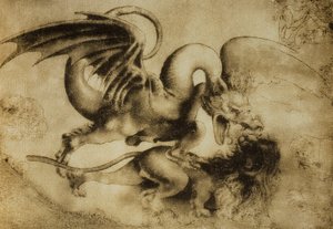 レオナルドダヴィンチが描いた、ライオンを殺すドラゴン。内閣描画と版画、ウフィツィ美術館、フィレンツェ 作： Leonardo da Vinci