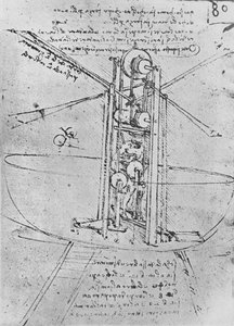 操縦する人がいるフライングマシンの図、c1480 1945 作： Leonardo da Vinci