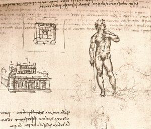 城の計画の描写、および墨汁で洗ったヌードの図、c1472-c1519 1883 作： Leonardo da Vinci