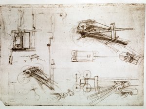 ダ・ヴィンチの手稿から、「大砲のための馬車」の構造を説明する部分を抜粋。 作： レオナルド・ダ・ヴィンチ