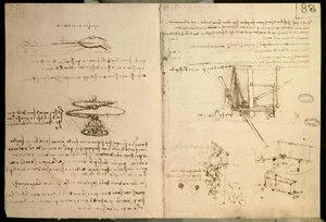 ヘリコプターのような飛行機械の最初の絵の1つである飛行機械c。 1487年 作： Leonardo da Vinci