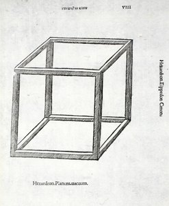 元はパブだったルカ・パチョーリ（c.1445-1517）による「神の割合」からの六面体レベルの廃棄物。ヴェネツィア、1509 作： Leonardo da Vinci