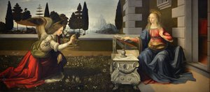 Italy Tuscany Florence, Uffizi Gallery: The Annunciation, Painting by Leonardo da Vinci (1452-1519), Oil on wood, ca. 1472-1475, 98x217 cm   1463941   ja       japanese Successfully Translated  Original: A View of the French Raft, as seen Afloat at St. Mal 作： Leonardo da Vinci