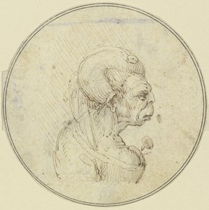 老婦人の風刺画。胸元にバラを添えた胸像で、右向きの横顔 作： Leonardo da Vinci