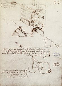 Manuscript B, f 36 r 盛り上がった道路のある都市の建築物のスタディ、展開図、断面図（紙にペン・インク 作： Leonardo da Vinci