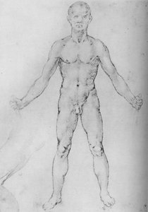 腕を伸ばした裸の男、正面から見た、c1480 1945
