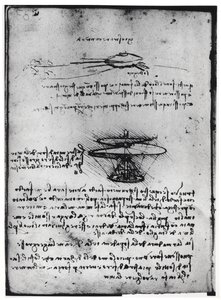 パリ原稿B、FOL。 83v：フライングマシンのテキストとスケッチのページ、1488-90（紙にペンとインク） 作： Leonardo da Vinci