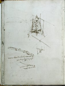 科学技術：飛行機械に関する原稿、ヘリコプターの祖先。レオナルド・ダ・ヴィンチ（Leonardo da Vinci）(1452-1519)の書。1487年頃。パリ、フランス学士院の図書館 作： Leonardo da Vinci