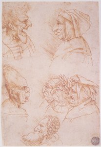 グロテスクな顔の7つの研究（紙に赤いチョーク） 作： Leonardo da Vinci