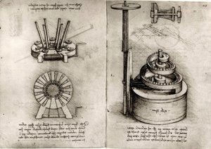 力学に関する研究;右は時計のぜんまい 作： Leonardo da Vinci
