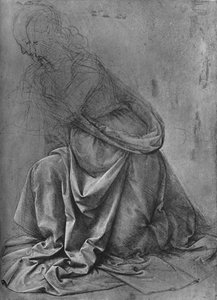左にひざまずく女性のカーテンの研究、c1477 1945 作： Leonardo da Vinci