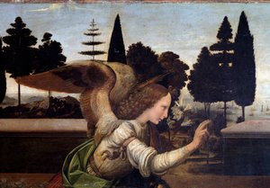 受胎告知、天使の細部 - 木に油彩 作： Leonardo da Vinci