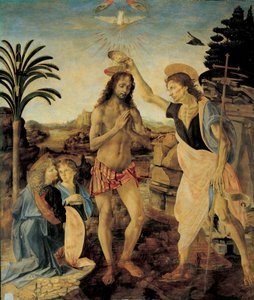 アンドレア・デル・ヴェロッキオ（1436-1488）とレオナルド・ダ・ヴィンチ（レオナルド・オブ・ヴィンチ）（1452-1516）による「キリストの洗礼」（1475-1478年頃）、木に油彩とテンペラ。 作： Leonardo da Vinci