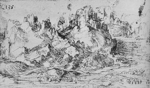 山を越えた渓谷の眺め、c1480 1945 作： Leonardo da Vinci