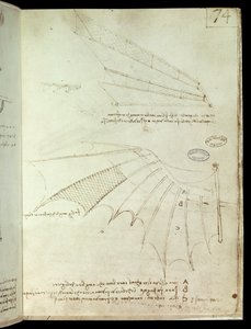 翼。空飛ぶ機械の絵。レオナルド・デ・ヴィンチの手稿（レオナルド・ダ・ヴィンチ 作： Leonardo da Vinci