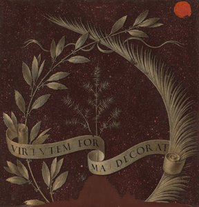月桂樹、椰子、ジュニパーの花輪、Virtutem Forma Decorat と刻まれた巻物 [裏面]、c. 147 作： Leonardo da Vinci