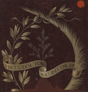 月桂樹、椰子、ジュニパーの花輪と Virtutem Forum Decorat が刻まれた巻物 (裏面) 作： Leonardo da Vinci